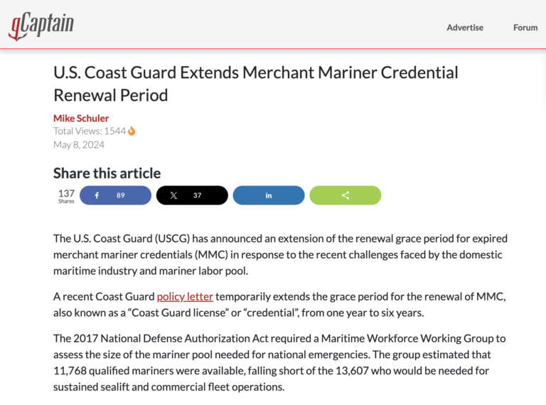 U.S. Coast Guard Extends Merchant Mariner Credential Renewal Period